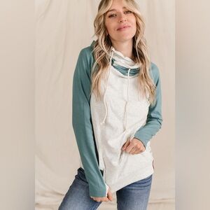 Ampersand Aqua Asymmetrical Double Hoodie‎ Kangaroo Pocket Sweatshirt Sz M